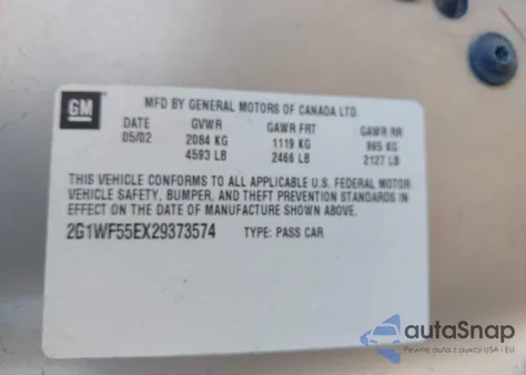 2002 Chevrolet Impala z USA, uszkodzony, nr VIN 2G1WF55EX29373574